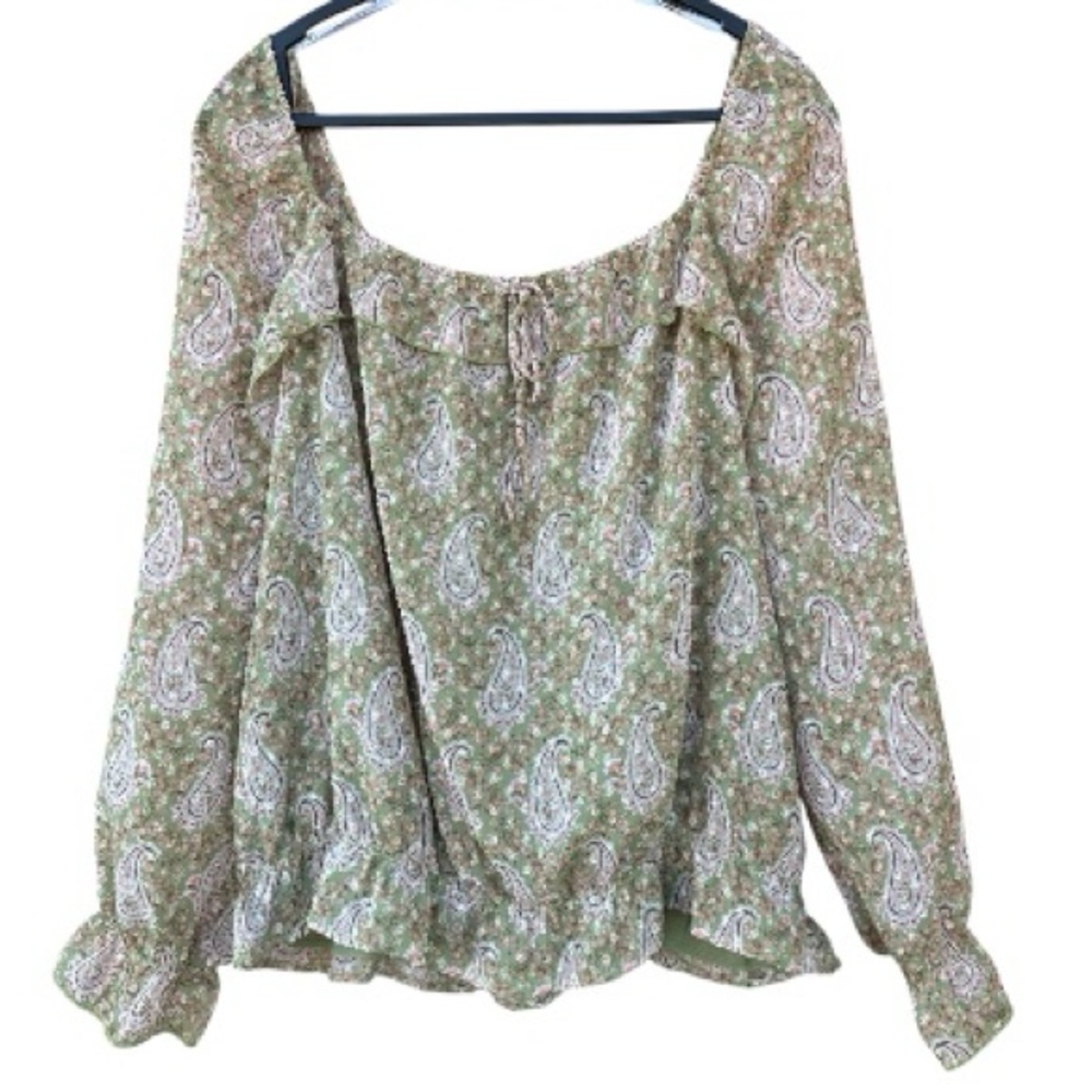 DR2 Daniel Rainn Green & Pink Paisley Bohemian Top Blouse Size XL